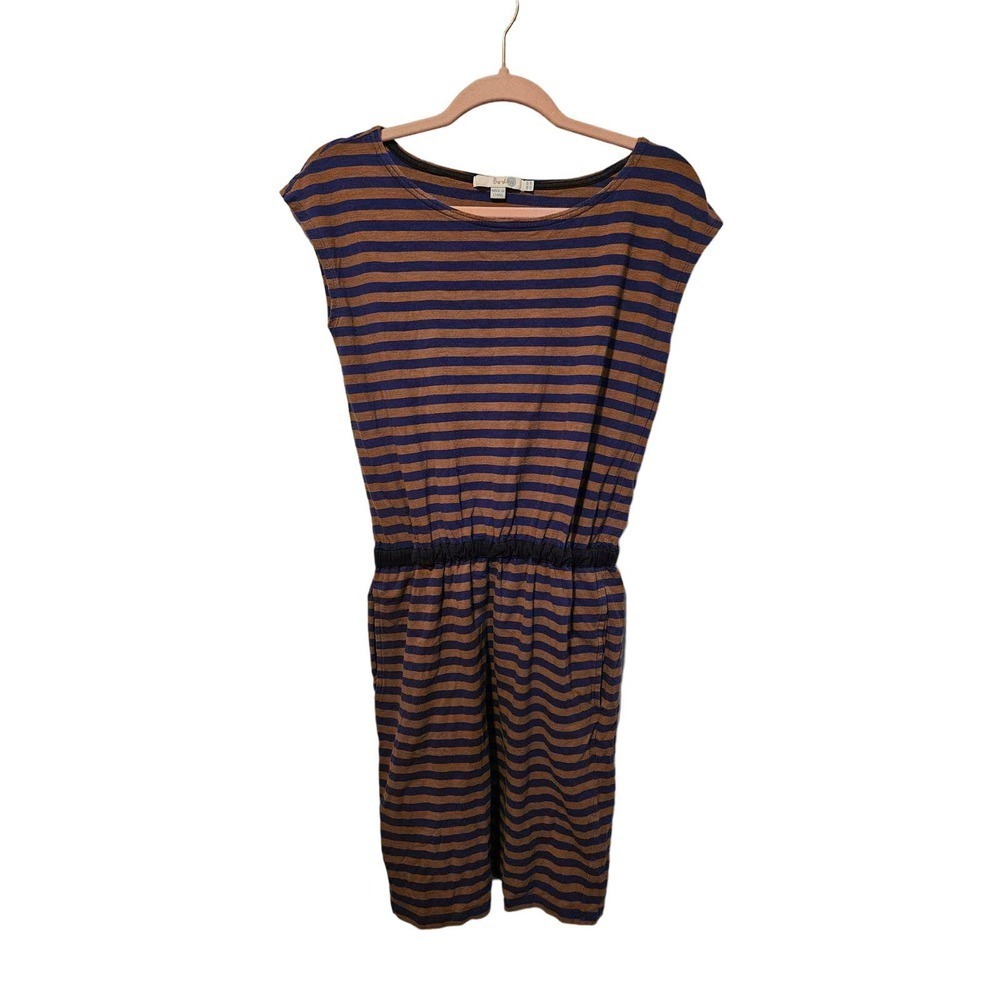 Boden Striped Newquay Dress brown blue Elastic Waist Casual‎ Cap Sleeves Women 6